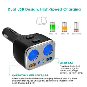 2 Socket Cigarette Lighter Splitter Dual USB Port Quick Charge 3.0 Car Charger