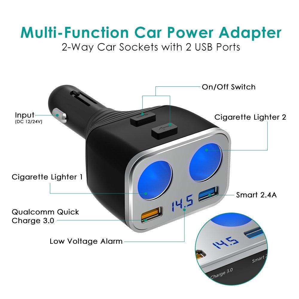2 Socket Cigarette Lighter Splitter Dual USB Port Quick Charge 3.0 Car Charger