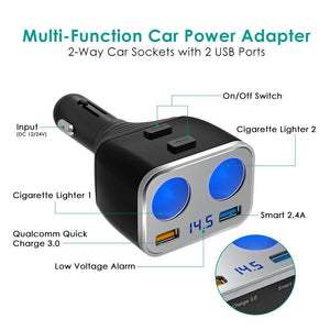 2 Socket Cigarette Lighter Splitter Dual USB Port Quick Charge 3.0 Car Charger