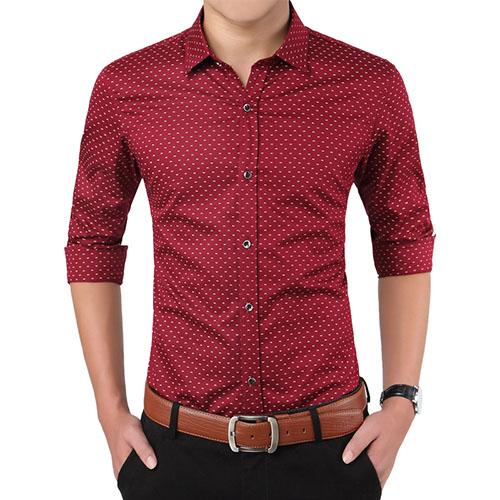 Slim Fit Men Long Sleeve Shirt Polka Dot