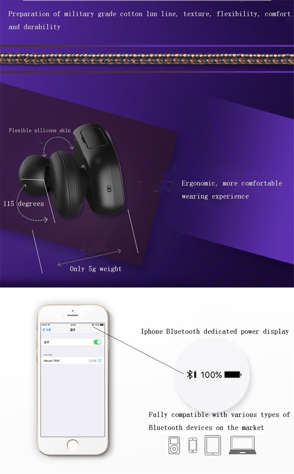Sport In Ear Wireless Bluetooth Stereo Earphone with Mic