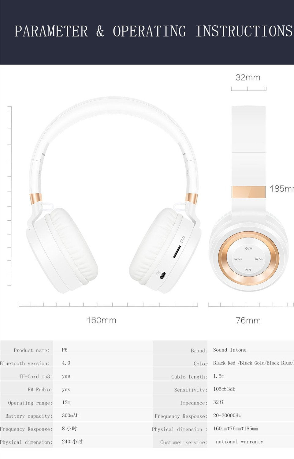 Bluetooth Headphones Over Ear, Wireless Headset, Foldable, Soft Memory Earmuffs