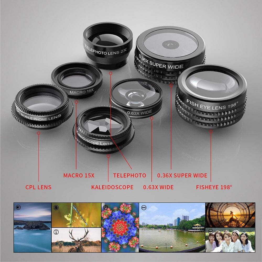 Ulanzi 7 in 1 Universal Clip-On Cell Phone Lens Kit,HD Kaleidoscope+Zoom Telephoto+Fisheye+Wide Angle+Macro+0.36X+CPL for iPhone