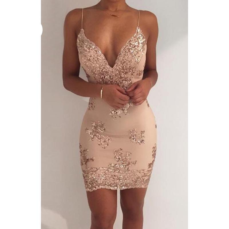 Womens Gold Black Sequins Dress 2018 New Sexy V-neck Backless Women Sundress Luxury Party Club Wear Mini Sequined Dress Vestidos