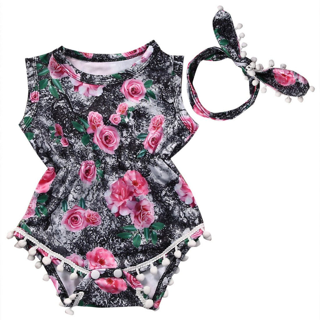 Black Pink Floral Romper
