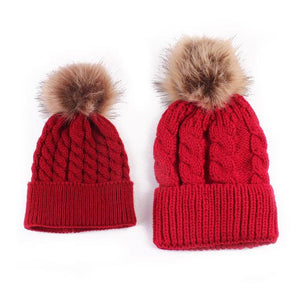 2 Pcs Mother Kids Child Baby Warm Winter Knit Beanie Fur Pom Hat Crochet Ski Cap Cute