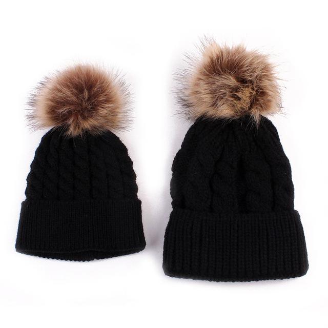 2 Pcs Mother Kids Child Baby Warm Winter Knit Beanie Fur Pom Hat Crochet Ski Cap Cute