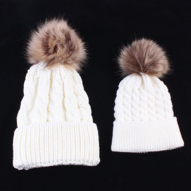 2 Pcs Mother Kids Child Baby Warm Winter Knit Beanie Fur Pom Hat Crochet Ski Cap Cute