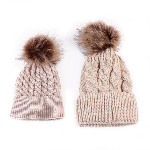2 Pcs Mother Kids Child Baby Warm Winter Knit Beanie Fur Pom Hat Crochet Ski Cap Cute