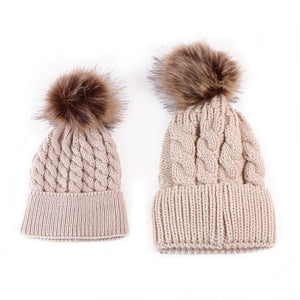 2 Pcs Mother Kids Child Baby Warm Winter Knit Beanie Fur Pom Hat Crochet Ski Cap Cute