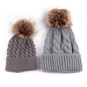 2 Pcs Mother Kids Child Baby Warm Winter Knit Beanie Fur Pom Hat Crochet Ski Cap Cute