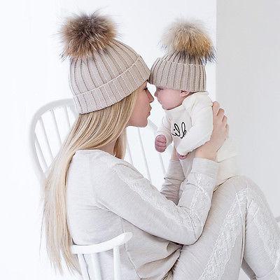 Cute 2Pcs Mother and Kid Child Baby Family Hats Warm Winter Knit Beanie Pom Hat Crochet Ski Cap