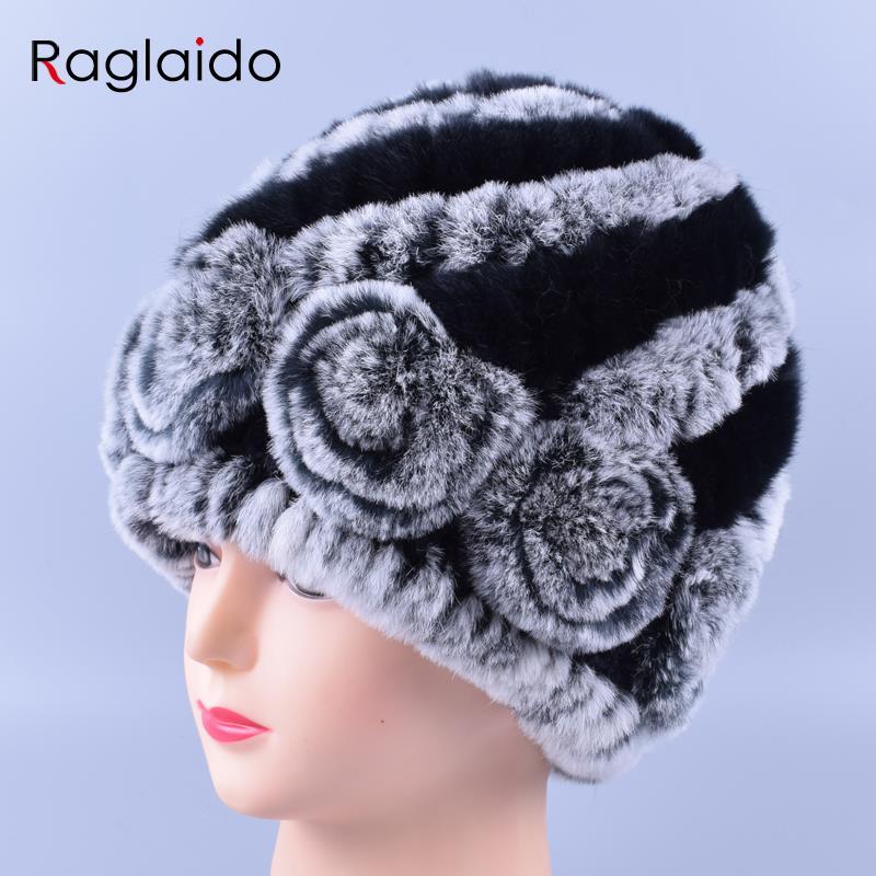 Raglaido 7colors Winter fur hats for women Real Rex Rabbit Floral madam Beanie Hat Hand knitted  Knitted Fur Caps LQ11174