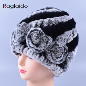 Raglaido 7colors Winter fur hats for women Real Rex Rabbit Floral madam Beanie Hat Hand knitted  Knitted Fur Caps LQ11174