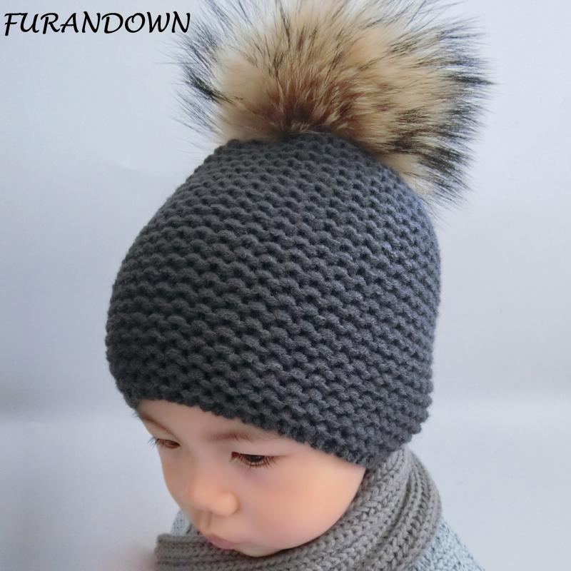 FURANDOWN Winter Hat Baby Children Raccoon Fur Pompom Hats Boy And Girls Warm Beanie Hat Cap For Kids