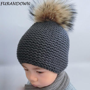 FURANDOWN Winter Hat Baby Children Raccoon Fur Pompom Hats Boy And Girls Warm Beanie Hat Cap For Kids