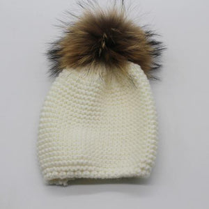 FURANDOWN Winter Hat Baby Children Raccoon Fur Pompom Hats Boy And Girls Warm Beanie Hat Cap For Kids