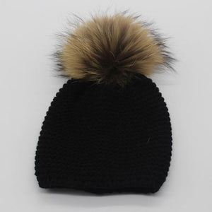 FURANDOWN Winter Hat Baby Children Raccoon Fur Pompom Hats Boy And Girls Warm Beanie Hat Cap For Kids