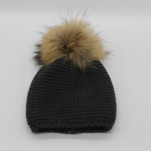 FURANDOWN Winter Hat Baby Children Raccoon Fur Pompom Hats Boy And Girls Warm Beanie Hat Cap For Kids