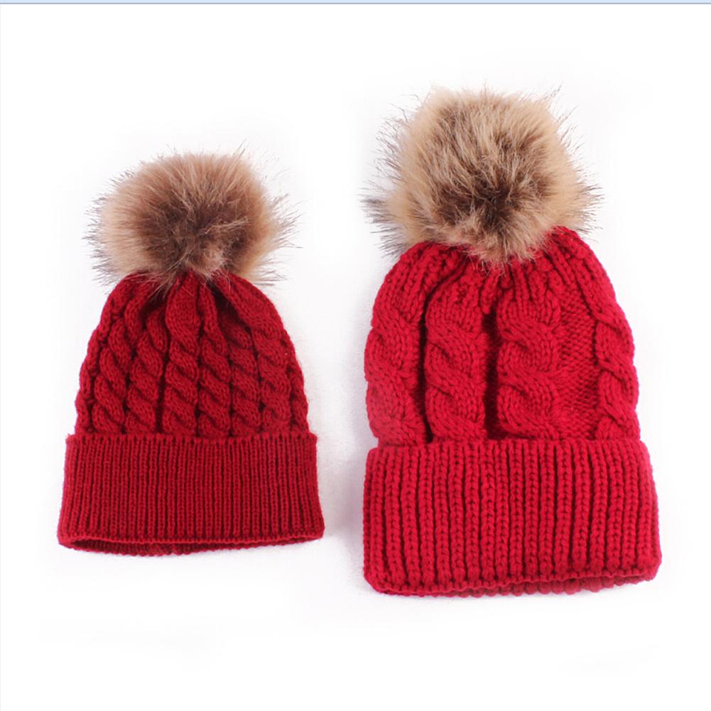 2Pcs/Pair  Family Matching Outfits  Mother and  Kid Baby Child Warm Winter Knit Beanie Fur Pom Hat Crochet Ski Cap
