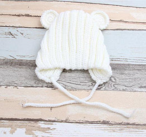 Knitted Winter Baby Hat with Ears Cartoon Lace-up Children Kids Baby Bonnet for 1-3 Years 5 Colors