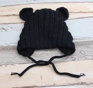Knitted Winter Baby Hat with Ears Cartoon Lace-up Children Kids Baby Bonnet for 1-3 Years 5 Colors