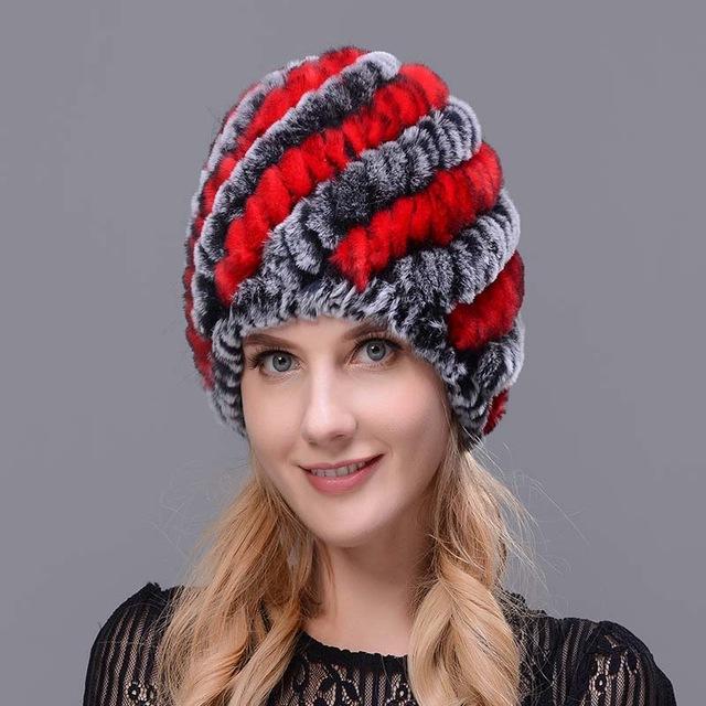 Hot 2017 New 100% Genuine Knitted Rex Rabbit Fur Hat Winter Lady Floral Cap Female Headgear Women Fur Beanies hats free shipping