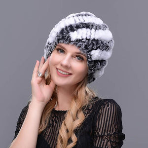 Hot 2017 New 100% Genuine Knitted Rex Rabbit Fur Hat Winter Lady Floral Cap Female Headgear Women Fur Beanies hats free shipping