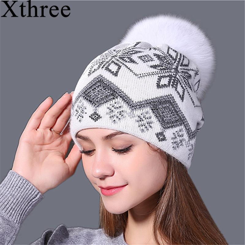 Xthree new real mink pom poms Christmas wool rabbit fur knitted hat Skullies winter hat for women girls hat feminino beanies hat