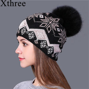 Xthree new real mink pom poms Christmas wool rabbit fur knitted hat Skullies winter hat for women girls hat feminino beanies hat