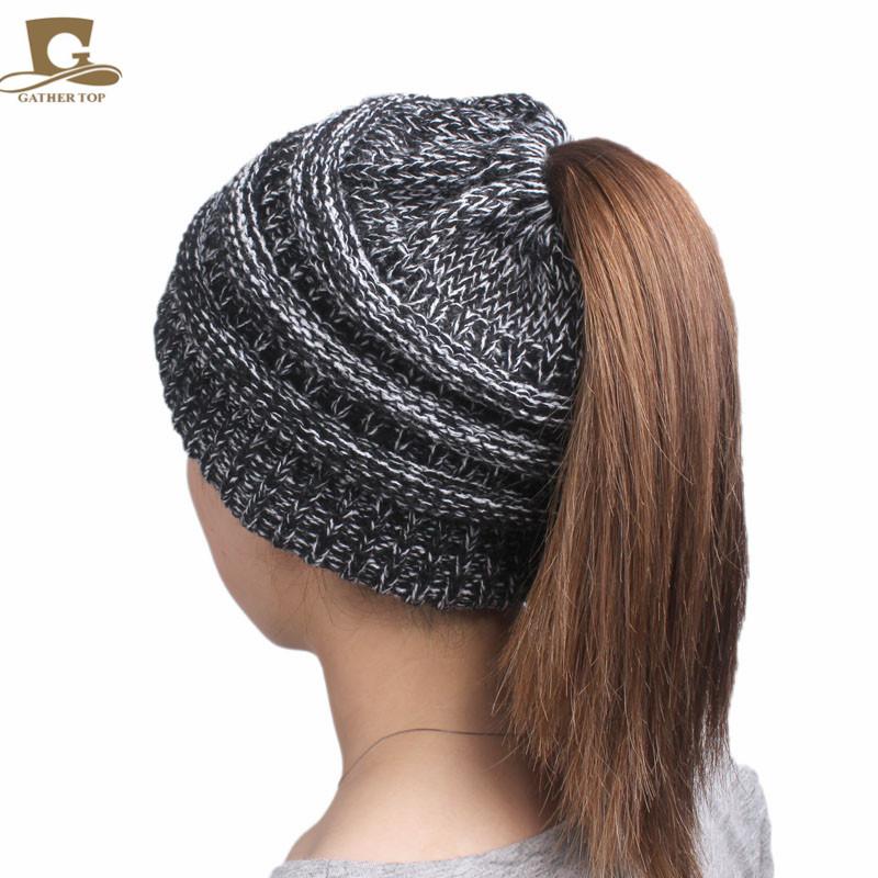 2017 winter Women's popular beanies hats girls lady hat Tail Soft Stretch Cable Knit Messy High Bun Ponytail caps