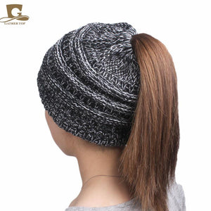 2017 winter Women's popular beanies hats girls lady hat Tail Soft Stretch Cable Knit Messy High Bun Ponytail caps
