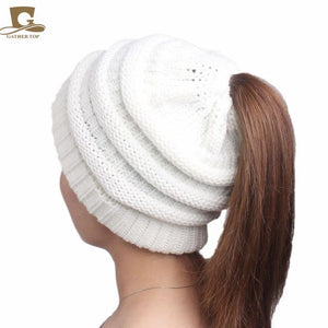 2017 winter Women's popular beanies hats girls lady hat Tail Soft Stretch Cable Knit Messy High Bun Ponytail caps
