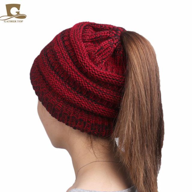 2017 winter Women's popular beanies hats girls lady hat Tail Soft Stretch Cable Knit Messy High Bun Ponytail caps