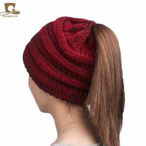 2017 winter Women's popular beanies hats girls lady hat Tail Soft Stretch Cable Knit Messy High Bun Ponytail caps