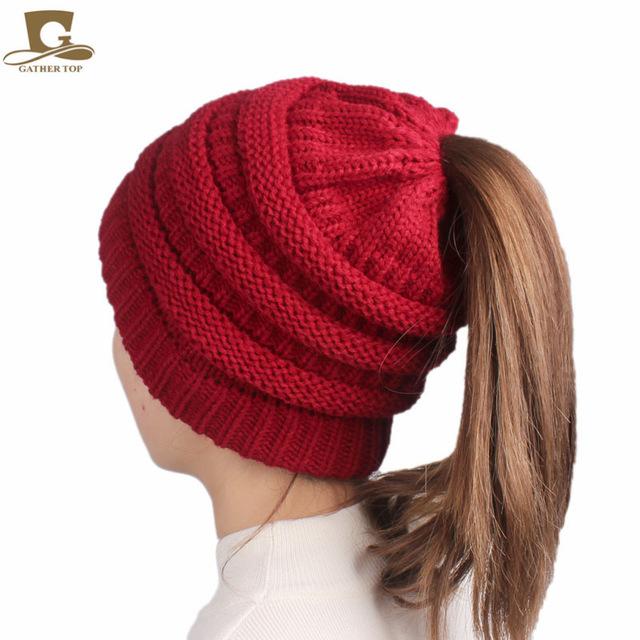 2017 winter Women's popular beanies hats girls lady hat Tail Soft Stretch Cable Knit Messy High Bun Ponytail caps