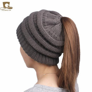 2017 winter Women's popular beanies hats girls lady hat Tail Soft Stretch Cable Knit Messy High Bun Ponytail caps