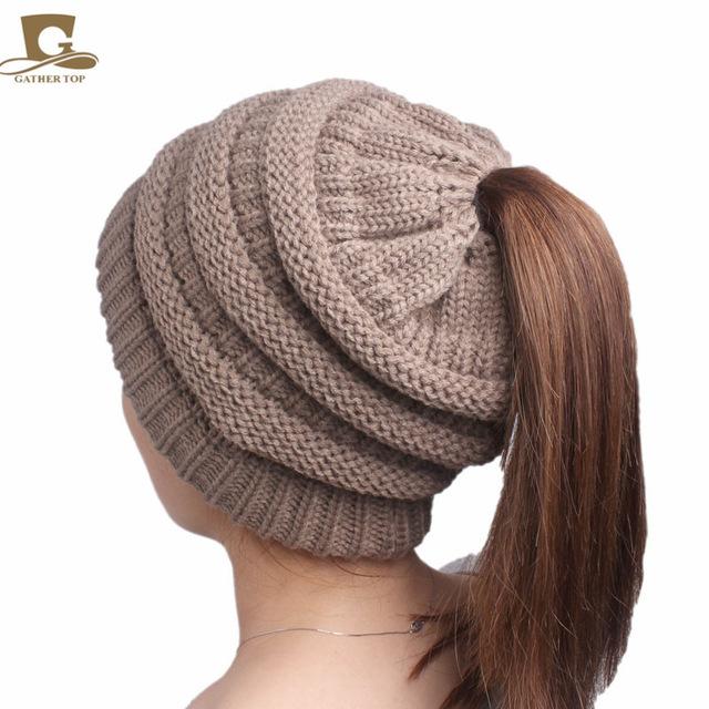 2017 winter Women's popular beanies hats girls lady hat Tail Soft Stretch Cable Knit Messy High Bun Ponytail caps