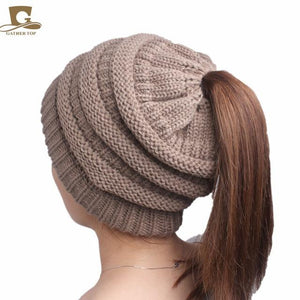 2017 winter Women's popular beanies hats girls lady hat Tail Soft Stretch Cable Knit Messy High Bun Ponytail caps