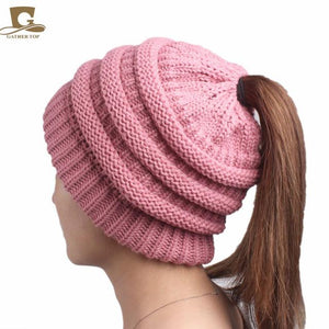 2017 winter Women's popular beanies hats girls lady hat Tail Soft Stretch Cable Knit Messy High Bun Ponytail caps