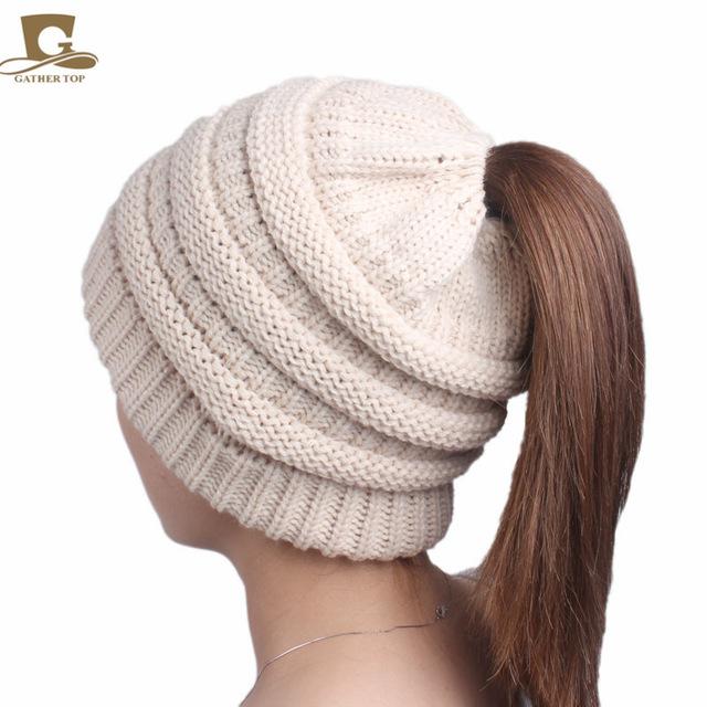 2017 winter Women's popular beanies hats girls lady hat Tail Soft Stretch Cable Knit Messy High Bun Ponytail caps