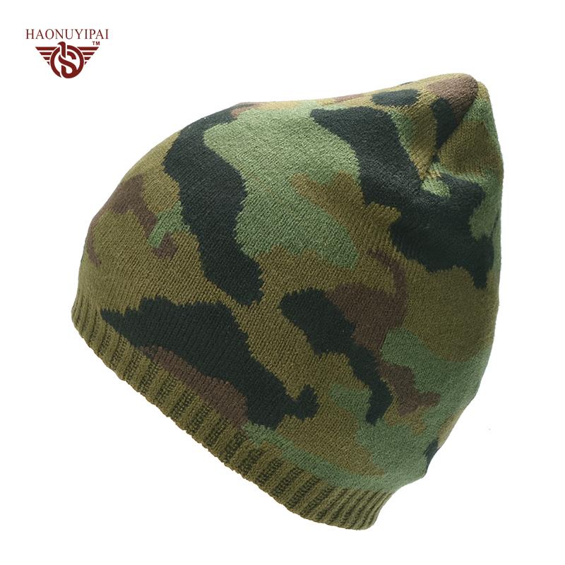 HNYP Winter Skullies Beanies Warm Camouflage Knitted Hats For Unisex Fashion Double Layer Plus Flannel Caps Outdoor Ski Beanies