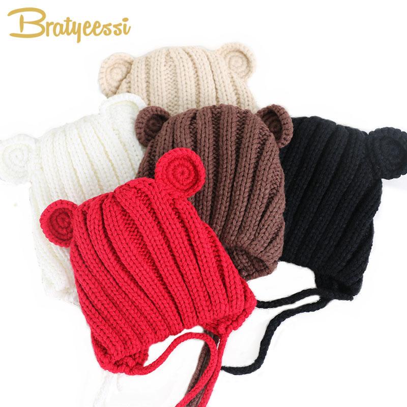Knitted Winter Baby Hat with Ears Cartoon Lace-up Children Kids Baby Bonnet for 1-3 Years 5 Colors