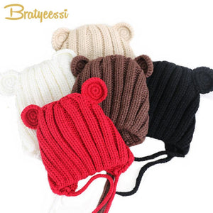 Knitted Winter Baby Hat with Ears Cartoon Lace-up Children Kids Baby Bonnet for 1-3 Years 5 Colors