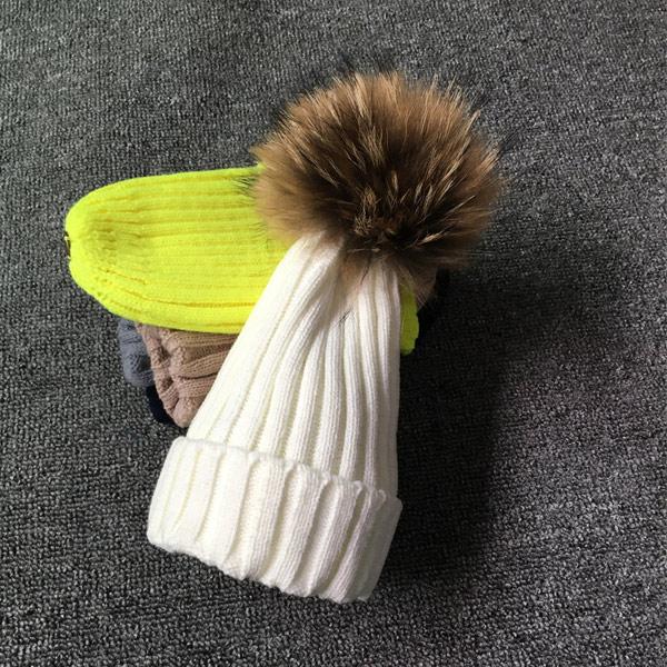 Winter Girls Boys Fur Pom Pom Beanies Hats Cotton Beanies Cap For Baby Lovely Winter Knitted Hats With Fur PomPom Hats Kids