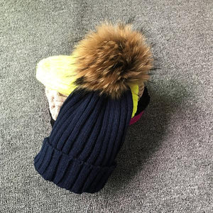Winter Girls Boys Fur Pom Pom Beanies Hats Cotton Beanies Cap For Baby Lovely Winter Knitted Hats With Fur PomPom Hats Kids