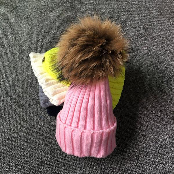 Winter Girls Boys Fur Pom Pom Beanies Hats Cotton Beanies Cap For Baby Lovely Winter Knitted Hats With Fur PomPom Hats Kids