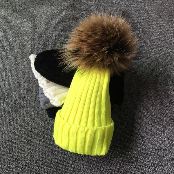 Winter Girls Boys Fur Pom Pom Beanies Hats Cotton Beanies Cap For Baby Lovely Winter Knitted Hats With Fur PomPom Hats Kids