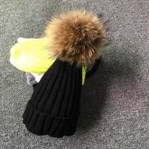 Winter Girls Boys Fur Pom Pom Beanies Hats Cotton Beanies Cap For Baby Lovely Winter Knitted Hats With Fur PomPom Hats Kids