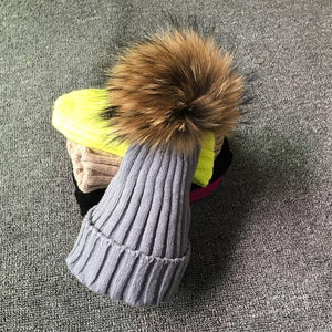 Winter Girls Boys Fur Pom Pom Beanies Hats Cotton Beanies Cap For Baby Lovely Winter Knitted Hats With Fur PomPom Hats Kids